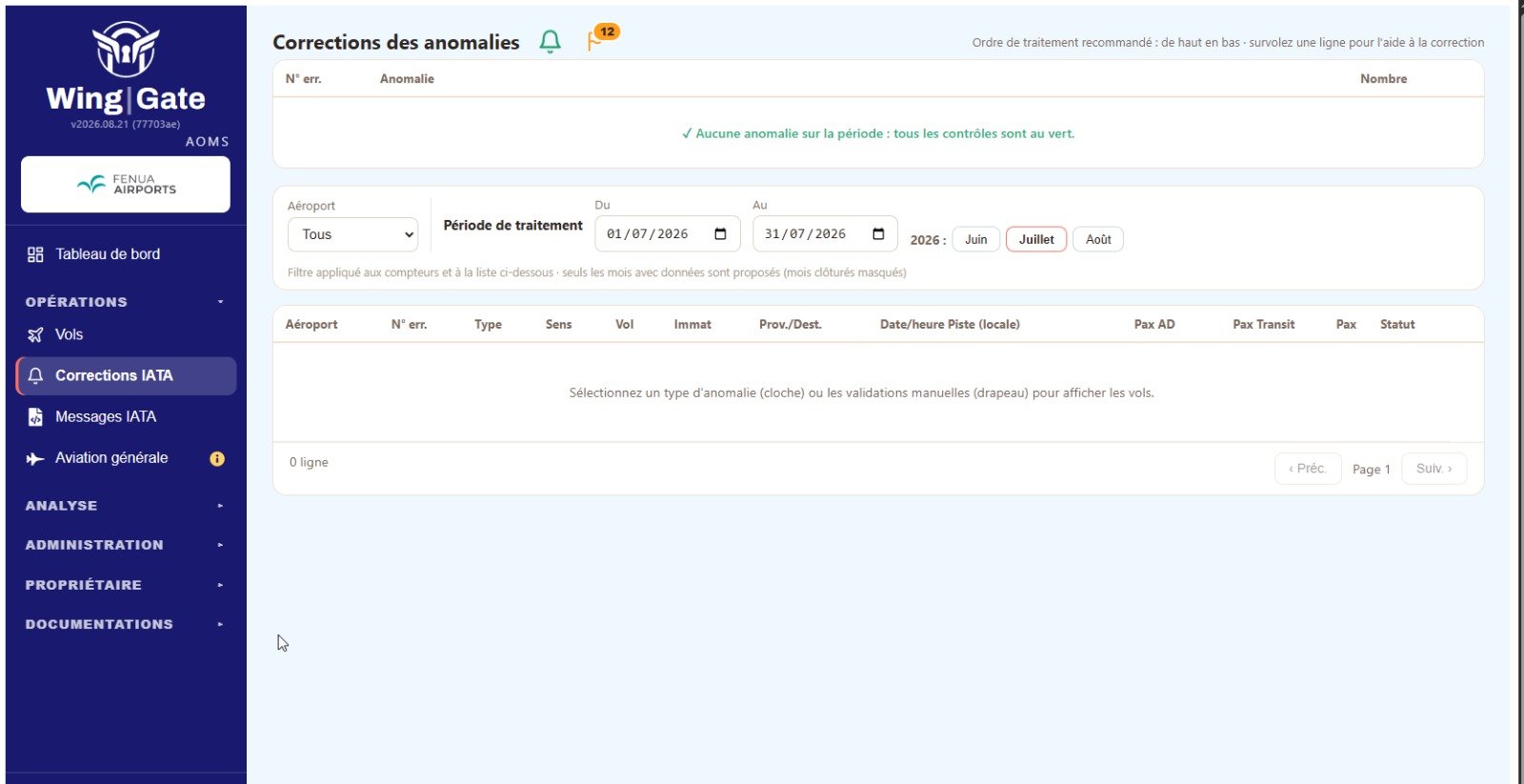 Capture d'écran réelle de Wing|Gate : page Corrections IATA, tous les contrôles qualité au vert sur la période